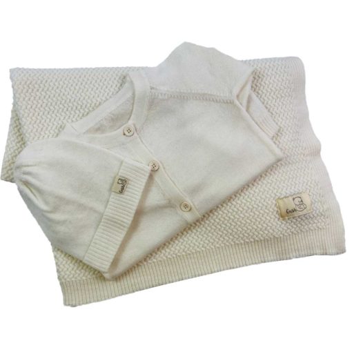бебешки гащеризон, шапка и одеяло от мерино вълна, цвят неизбелено бяло