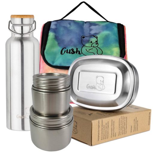 Комплект стоманена термо бутилка за вода, термо чанта, стоманени буркани и кутия за храна