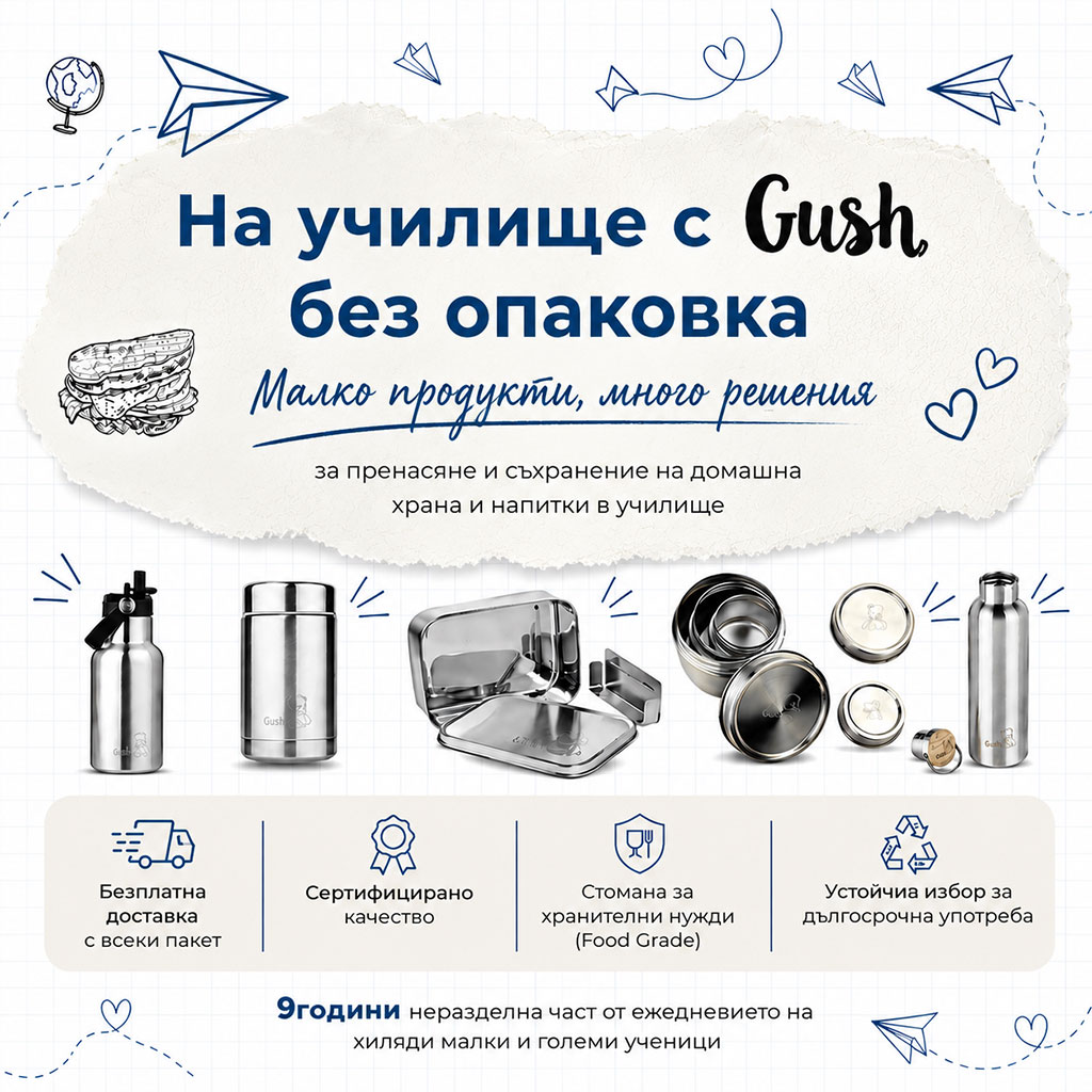 На училище с Gush, без опаковка — стоманени кутии за храна, термоси и бутилки за ученици